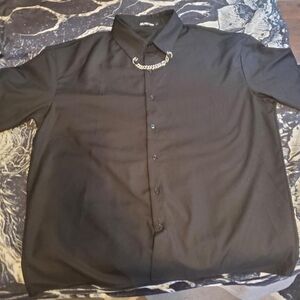 Aelfric Eden Black Bedazzled Rhinestone Chain Collar Button up Shirt